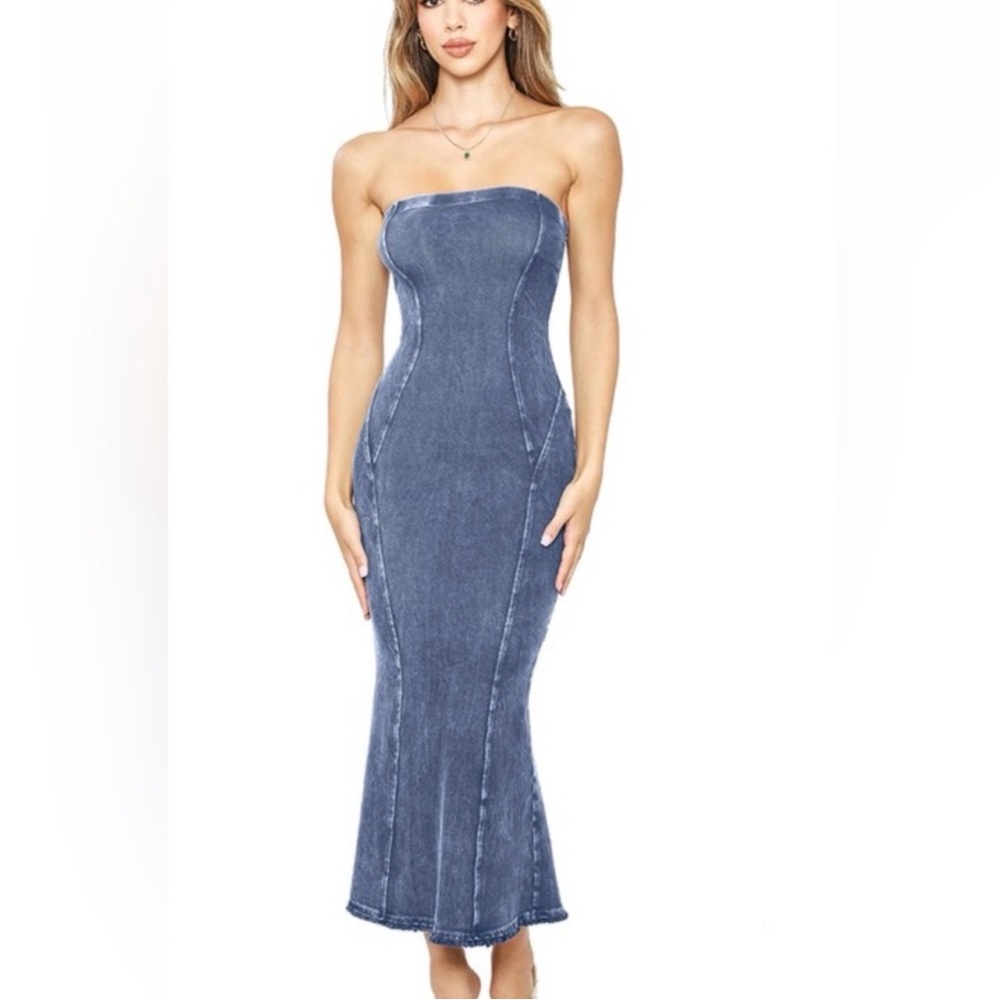 NEW LA Luxe Blue Denim Strapless Mermaid Dress